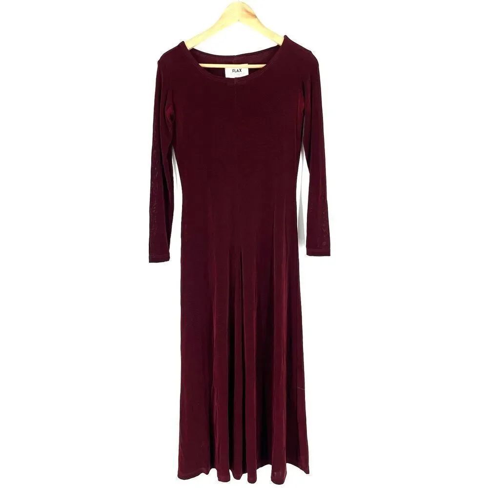 FLAX Maxi Dress Size Petite 4-6 Maroon Casual Slinky Travel Knit Witchy Lagen